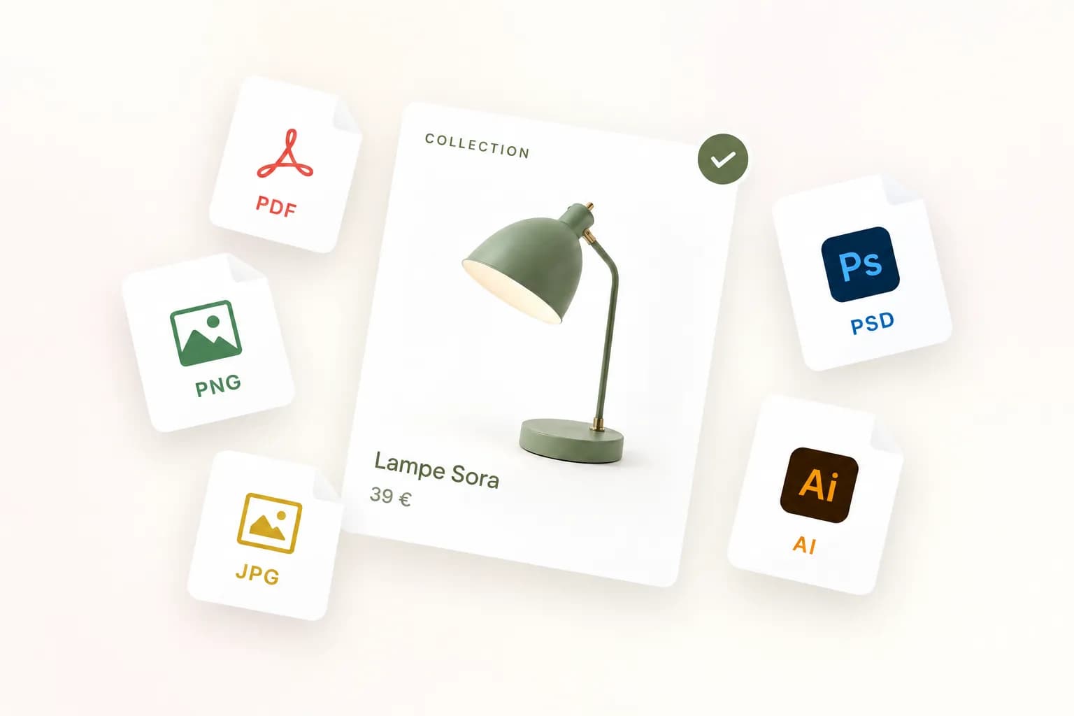 Une fiche produit générée, exportée en PDF, PNG, JPG, PSD et AI