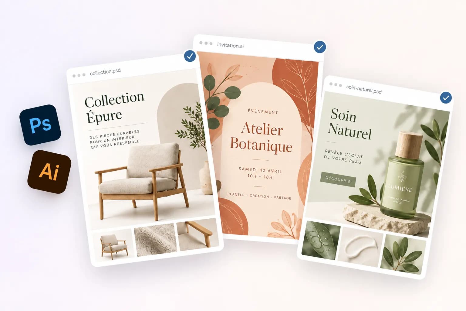 Plusieurs modèles Photoshop et Illustrator sélectionnés ensemble dans MagicOptix